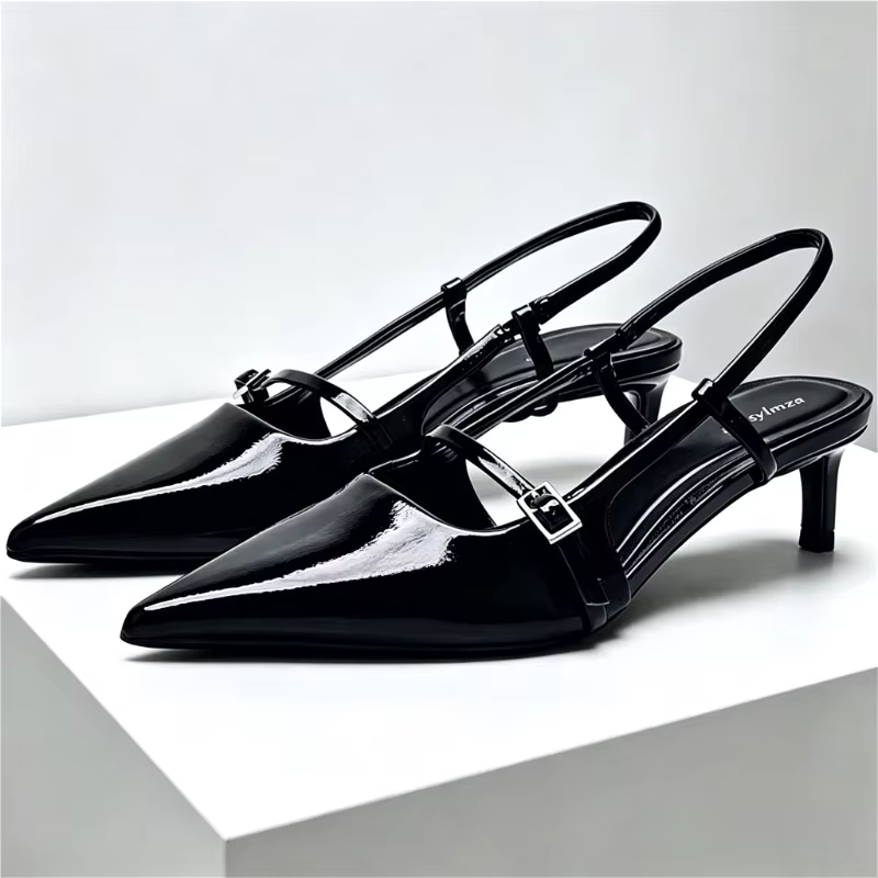 Sandales d'été Sexy à bout pointu pour femmes, talons hauts fins rouges, en cuir verni, sangle de voyage au dos, Mules, escarpins de mariage pour femmes