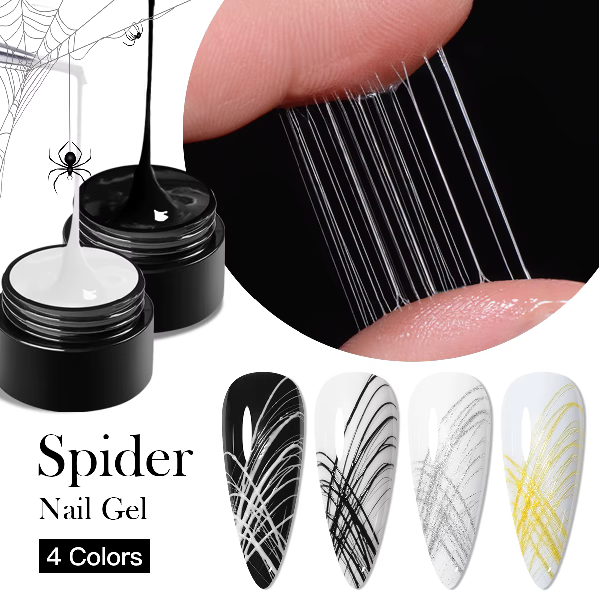 Gel UV pour ongles effet araignée noir et blanc