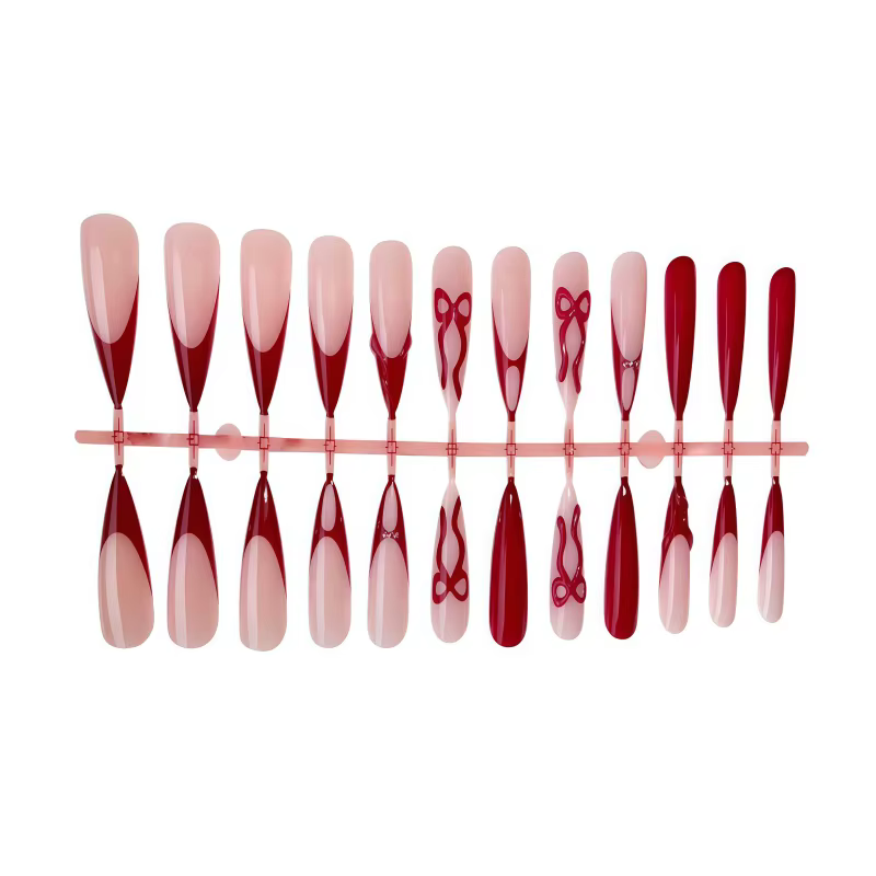 24 faux ongles pointus ondulés rouge bordeaux
