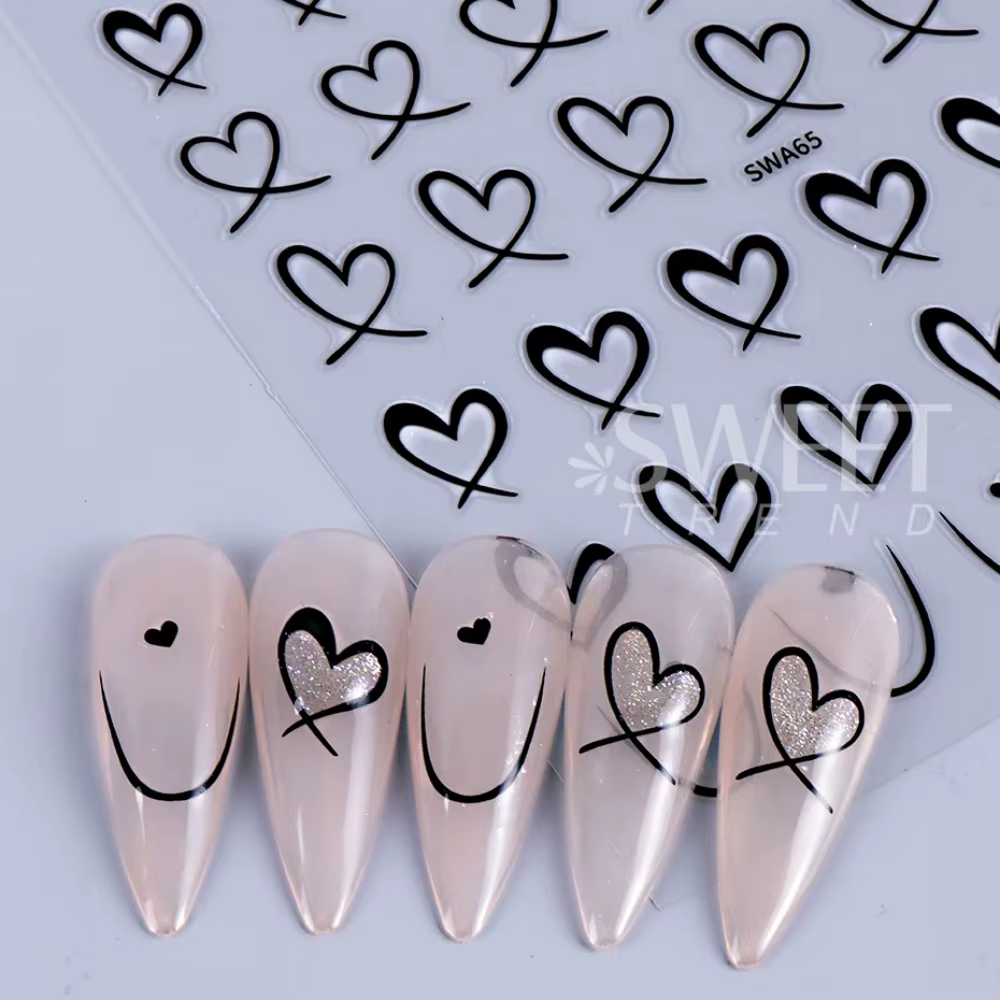 3 pièces saint valentin Nail Art autocollants 3D noir blanc rose lignes amour coeur ongles décalcomanies bricolage adhésif curseur manucure décorations