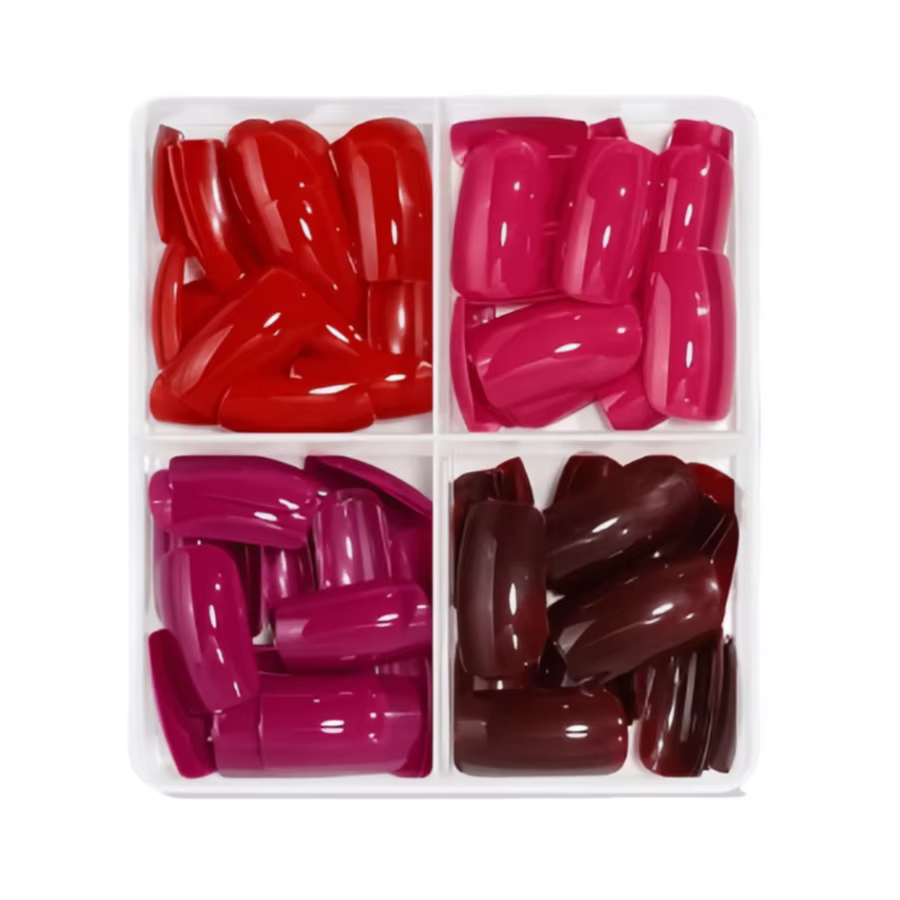 96 pièces rouge presse sur ongles moyen carré bordeaux cerise couleur unie faux