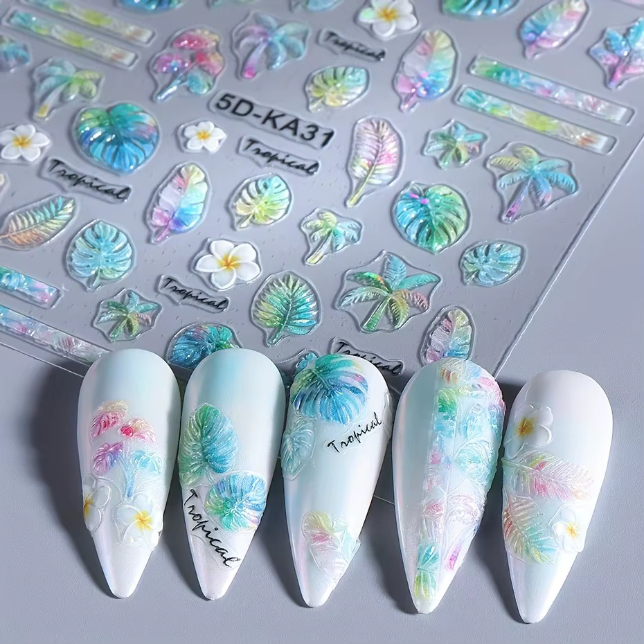Autocollants pour ongles en relief avec des motifs floraux et d'animaux de plage d'été