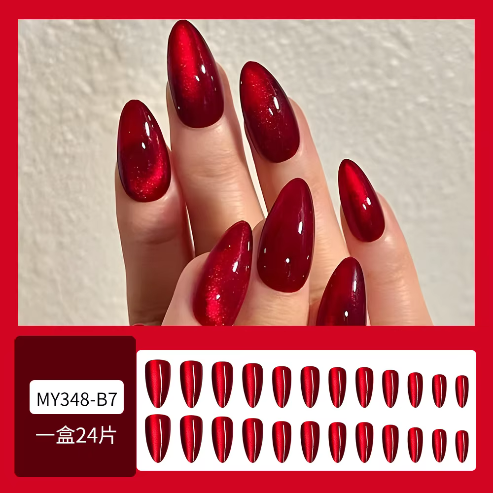24 pièces brillant rouge oeil de chat presse sur ongles couverture complète couleur nue portable amande faux