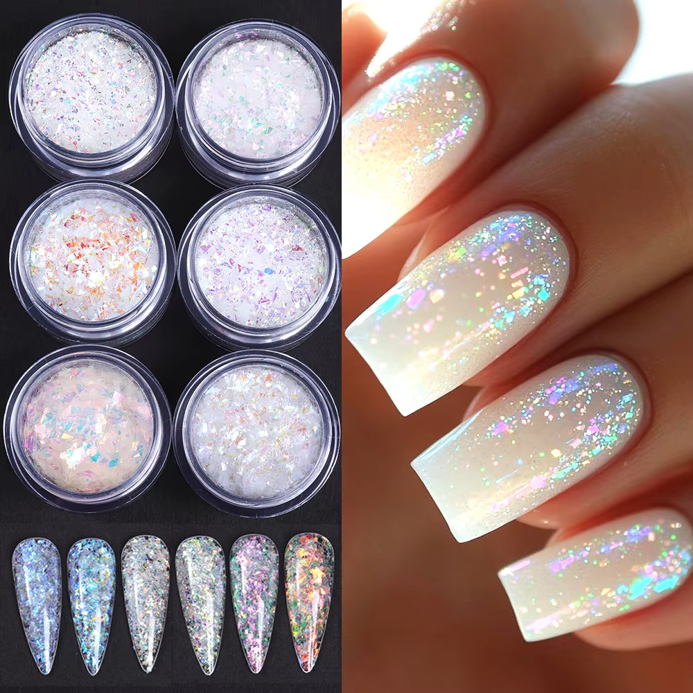 6 bouteilles de Paillettes blanches irisées pour Nail Art