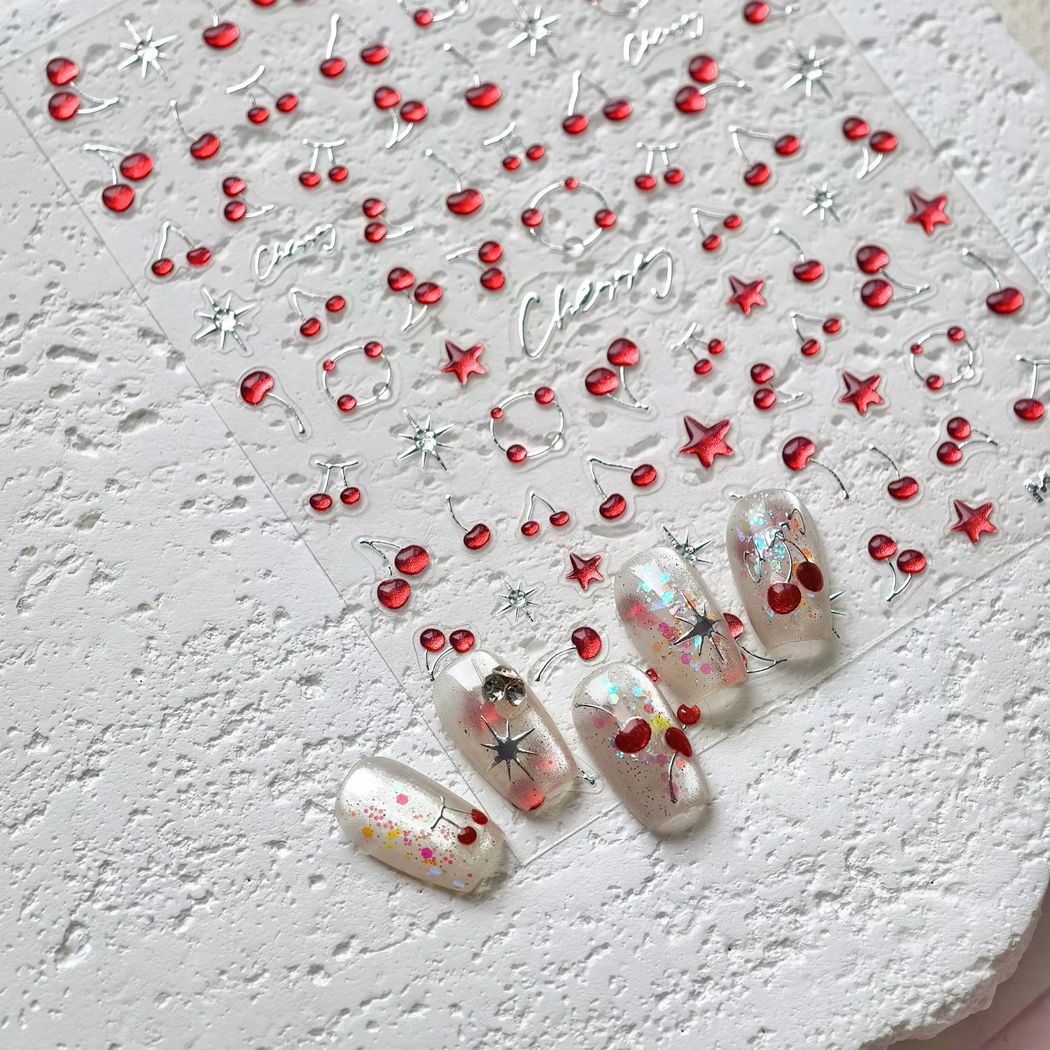 Autocollants 3D cerise mignons pour Nail Art