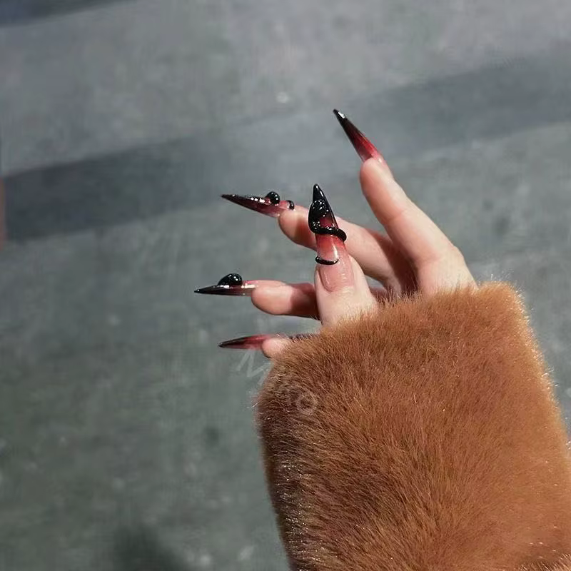 2025 Année du Serpent Fait À La Main Long Tip Presse Sur Les Ongles Spice Girl Rouge Foncé Nouvel