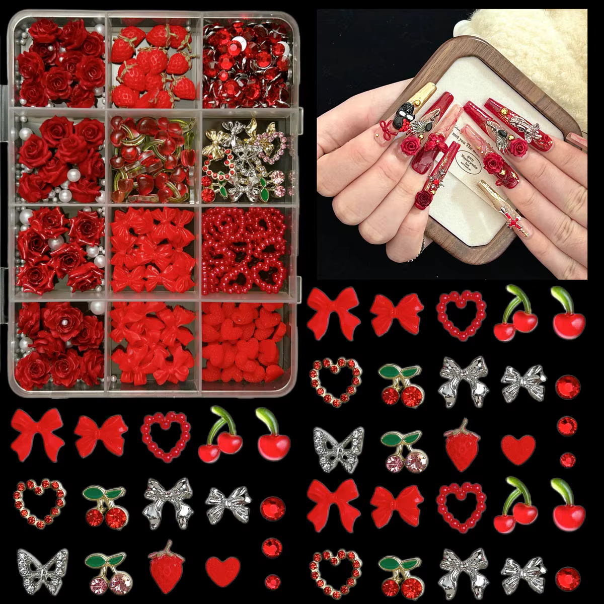 1 boîte de breloques pour ongles en résine de cerise simulée festive 3D