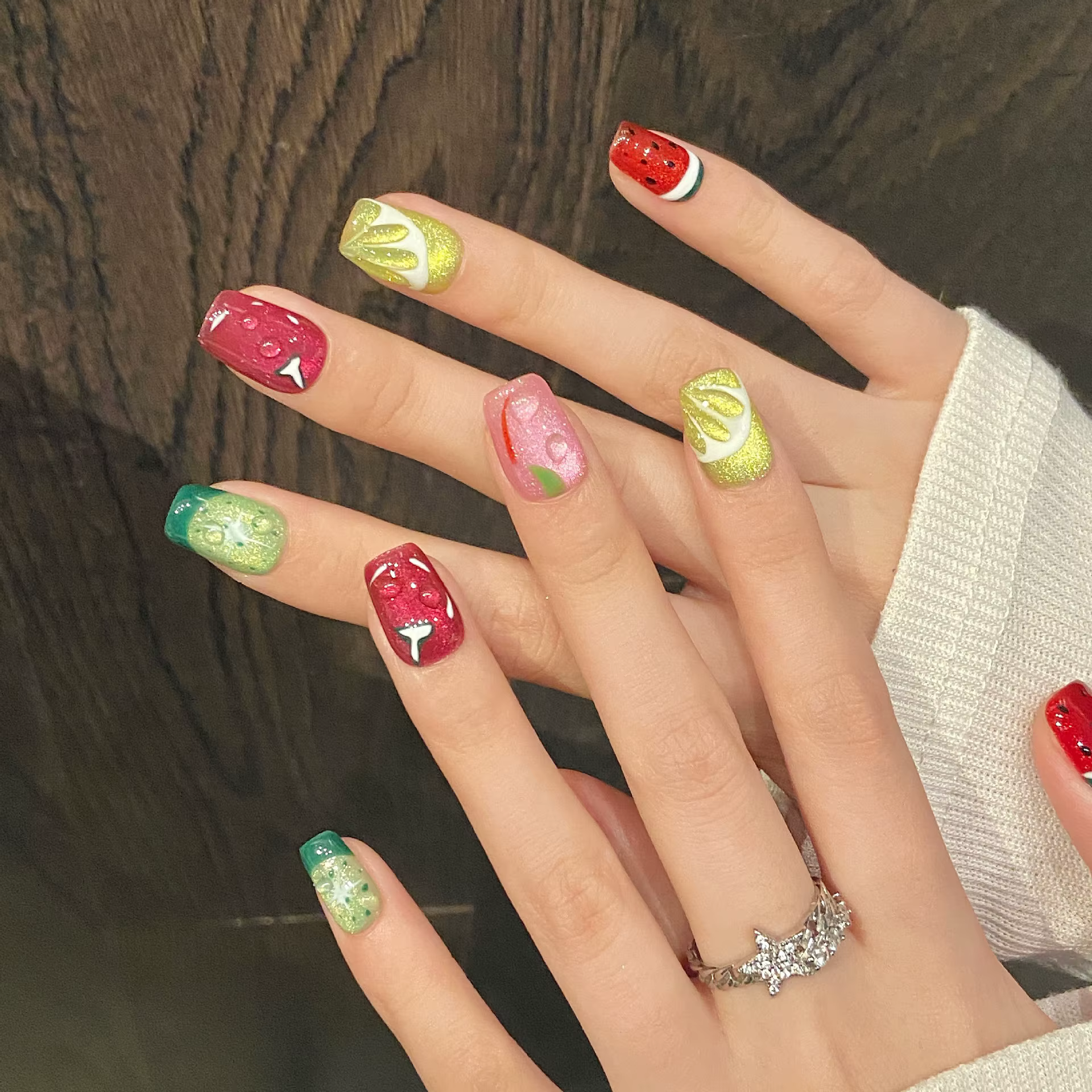 10 pièces à la main fruits presse sur ongles été pastèque et citron faux