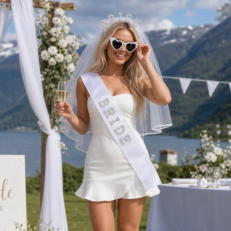Ensemble d'accessoires pour future mariée avec voile, ceinture et lunettes de soleil, accessoires photo pour enterrement de vie de jeune fille, fête prénuptiale, fiançailles, plage, lune de miel
