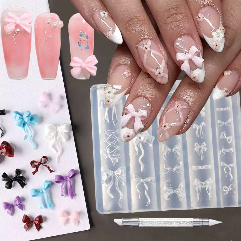 Moules à ongles en Silicone avec nœud papillon 3D + 1 stylo à découper