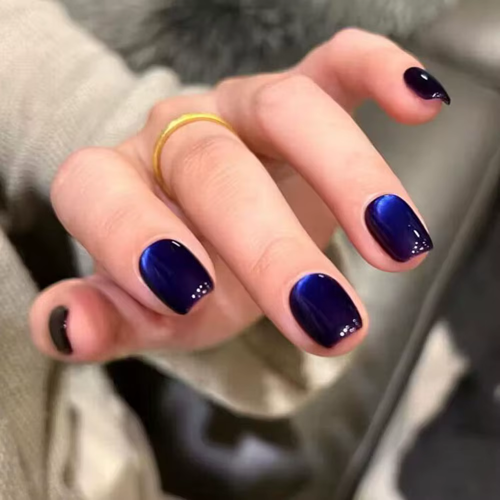 30 pièces faux ongles en Gel œil de chat bleu profond XS/S/M couverture complète carré conception de forme courte