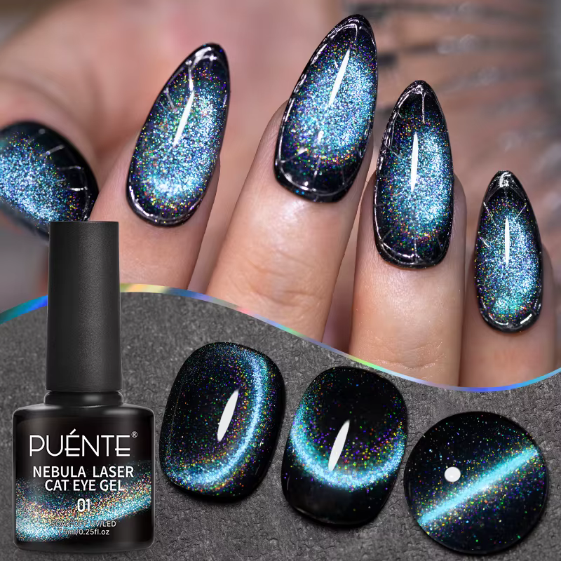 Vernis à ongles gel magnétique œil de chat holographique bleu arc-en-ciel 7