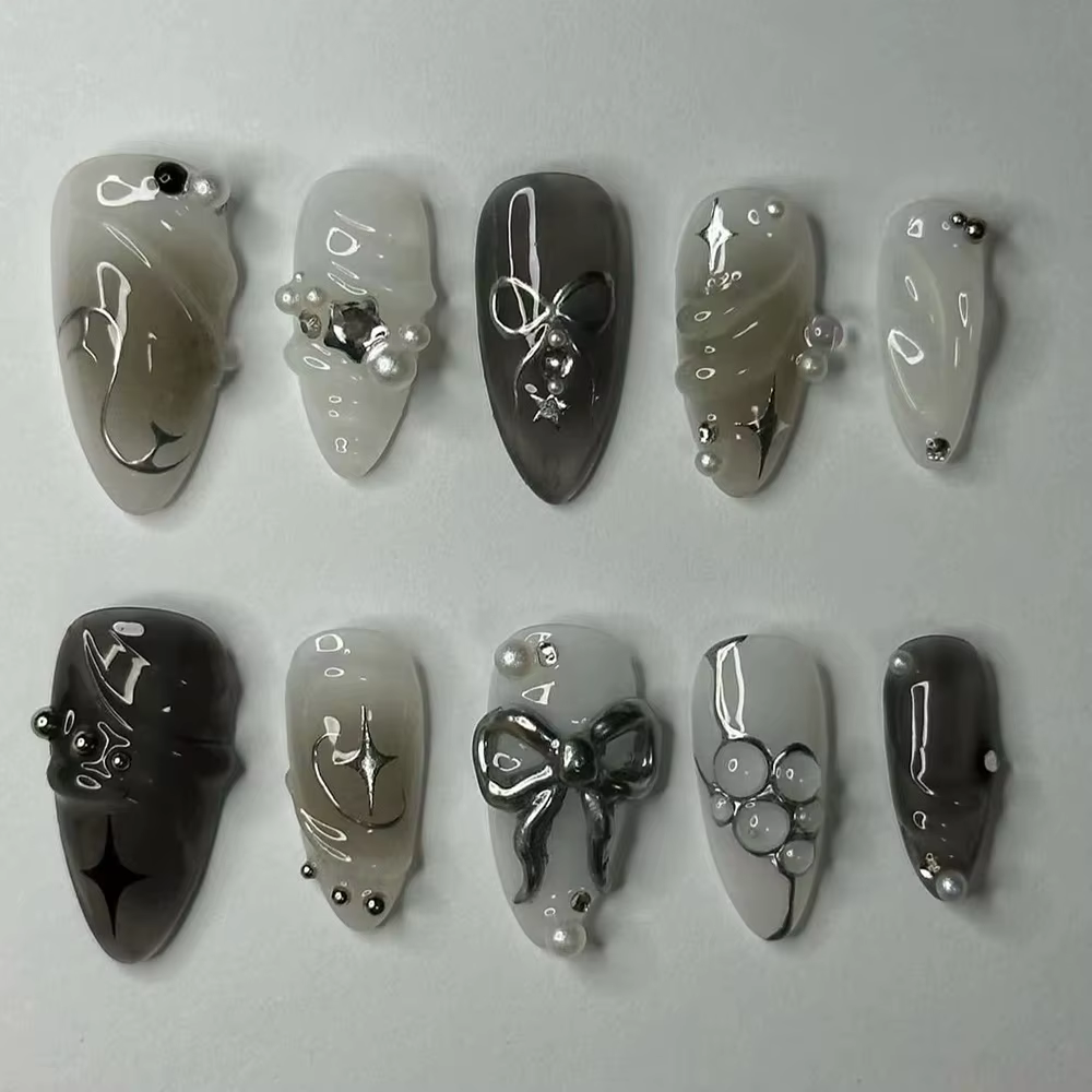 24 pièces presse foncée sur faux ongles avec paillettes noires modèles métalliques 3D doux frais amande