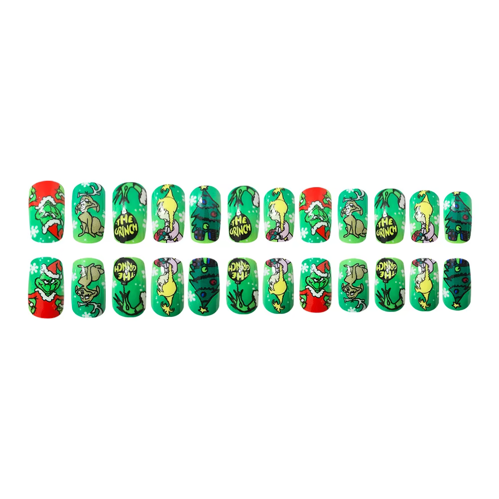 Faux ongles carrés courts à pression de noël monstre vert mignon avec lettres vertes Grinch couverture complète bâton