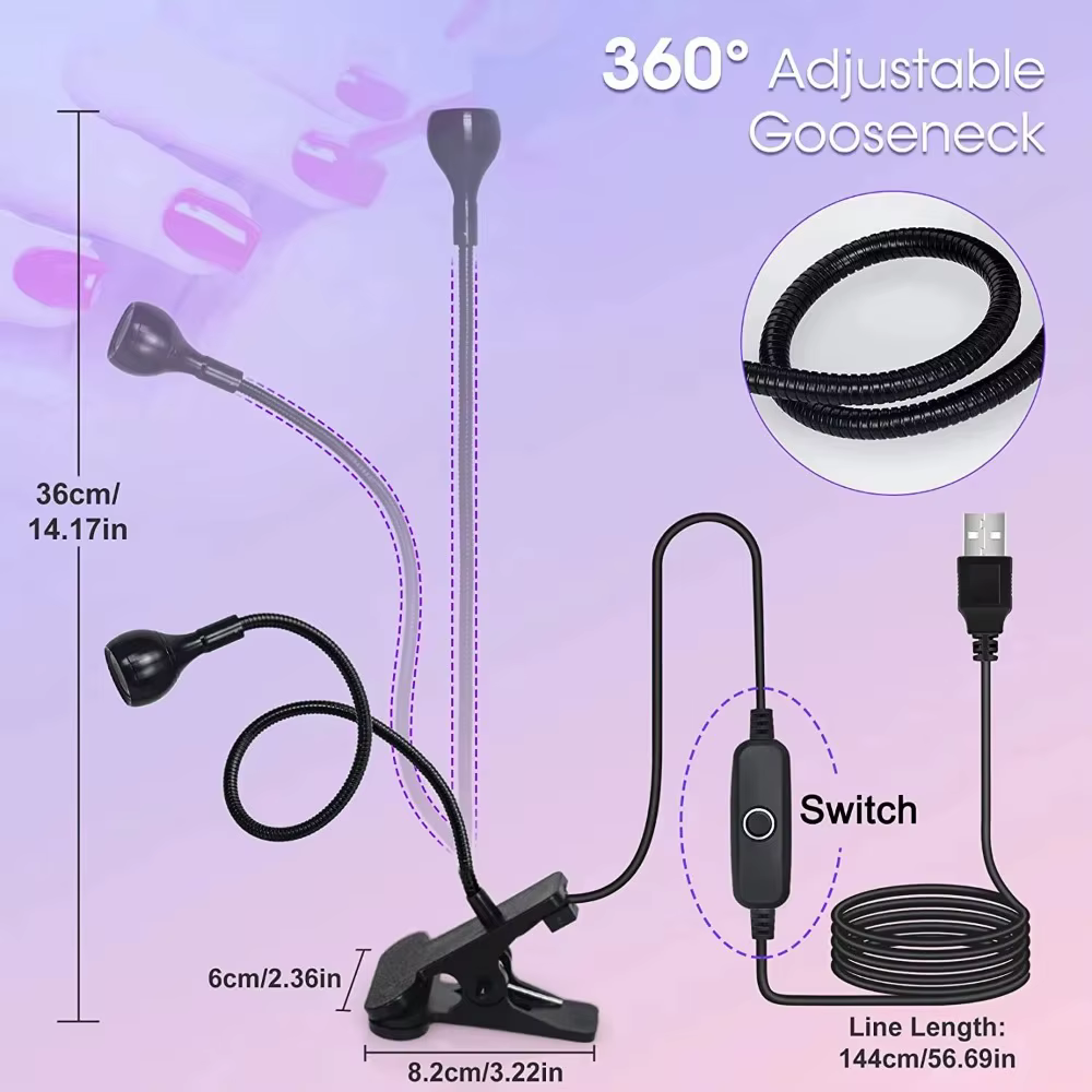 Sèche-ongles lumière UV lampe à ongles 395nm longueur d'onde Clip-on bureau Mini USB