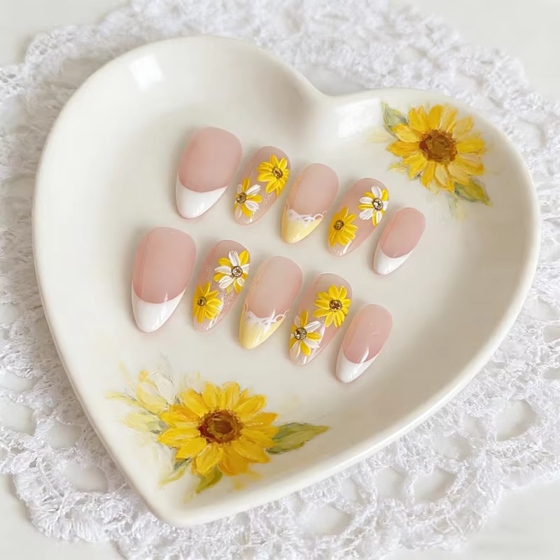 Lot de 10 faux ongles press-on faits main motif tournesol