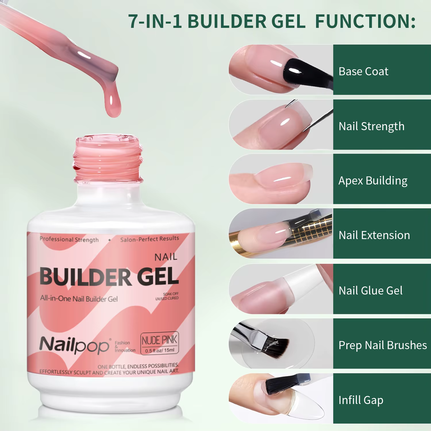Nailpop 7IN1 constructeur Gel multi fonctionnel 15ml pour la force d'extension des ongles Apex Base de construction