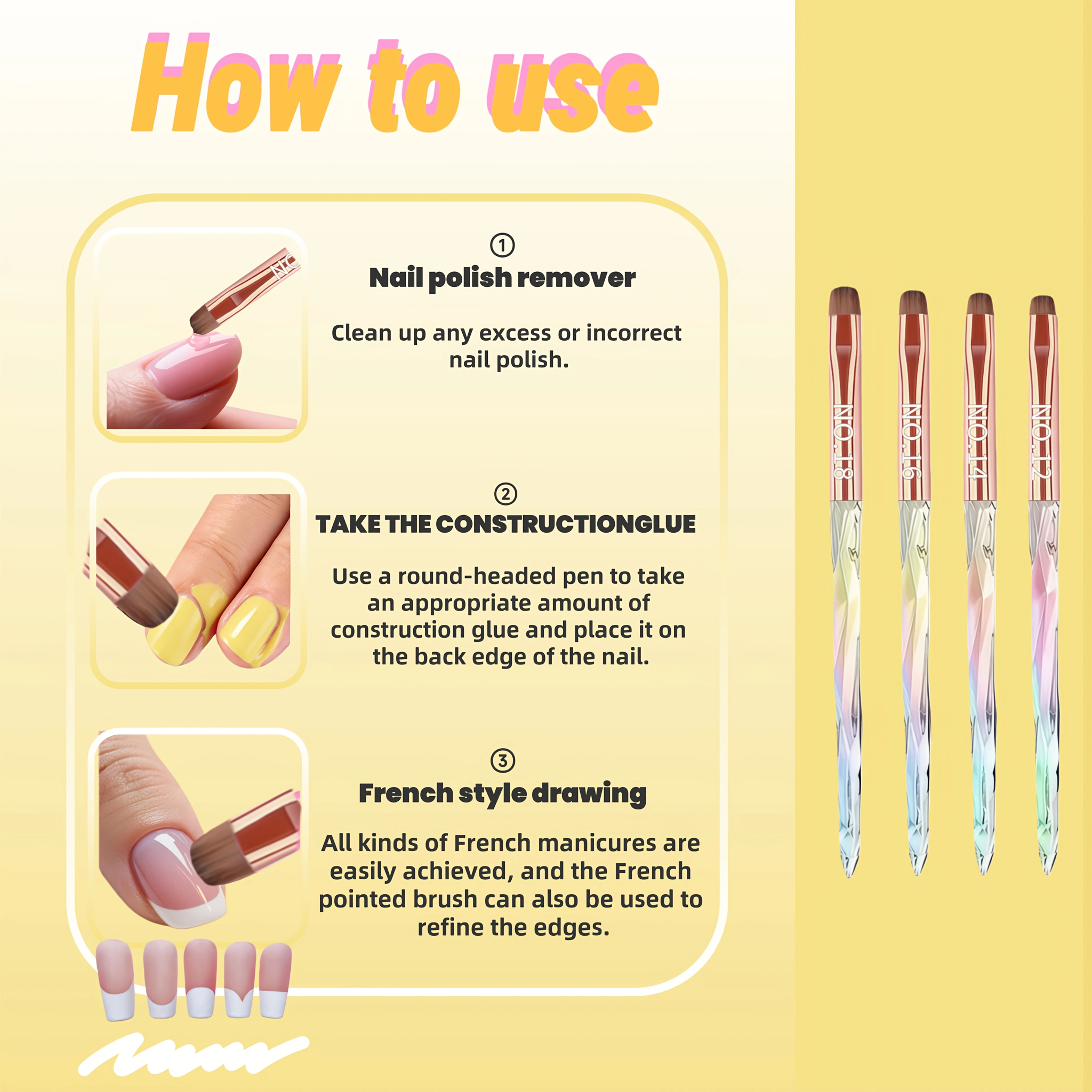 4 pinceaux professionnels pour ongles - Brosse à manucure française 3-en-1 avec détails fins pour un nettoyage précis