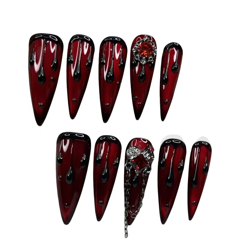 10 pièces de faux ongles faits à la main, thème Halloween, goutte de sang, style sombre, rubis, à presser – Ongles de haute qualité, parfaits comme cadeaux pour les filles