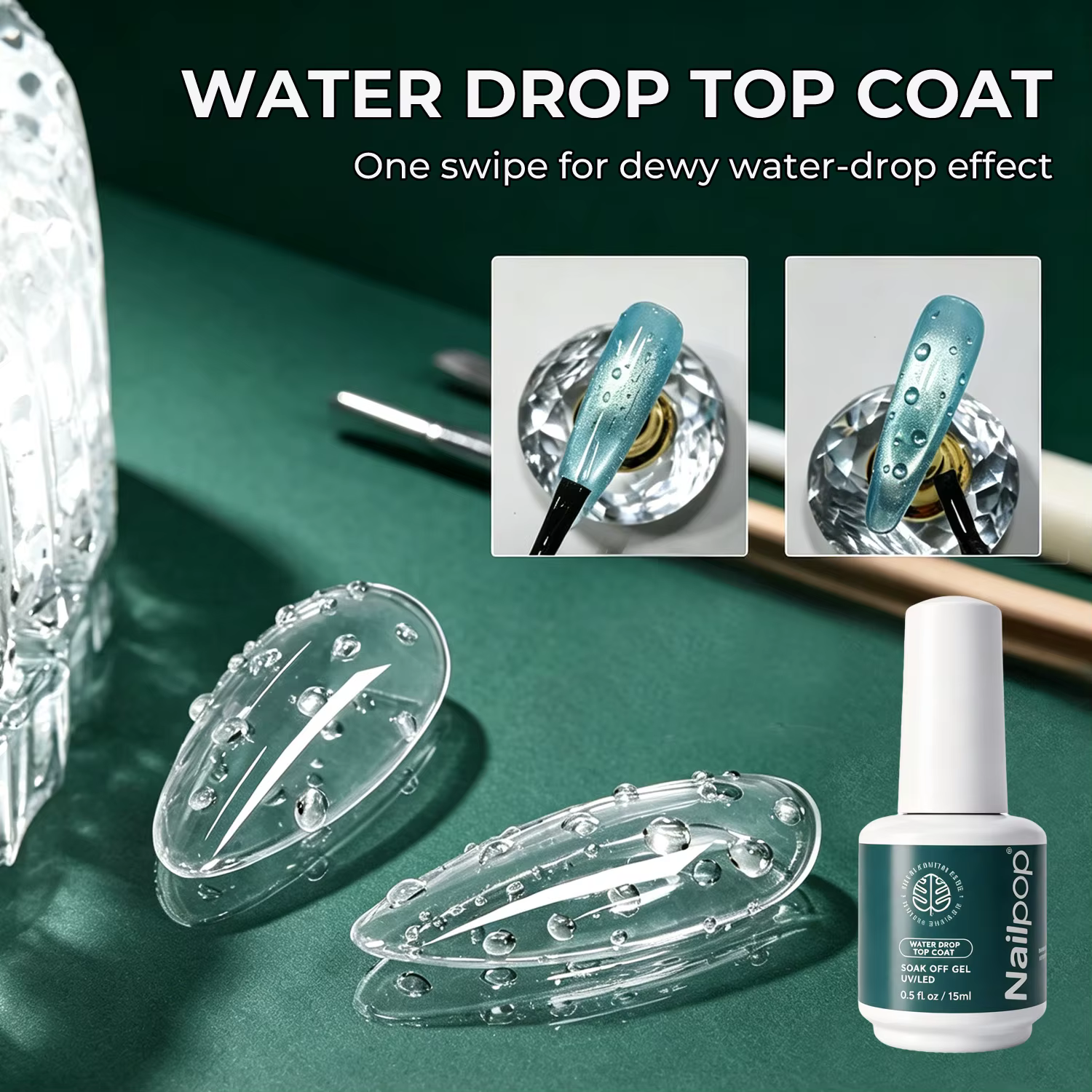 Nailpo HEMA/TPO Free Water Drop Top Coat Sans Résidu Auto-Nivelant Séchage Rapide en 5 Secondes Longue Durée 15ml Parfait pour Effet 3D Qualité Supérieure 1/2pc