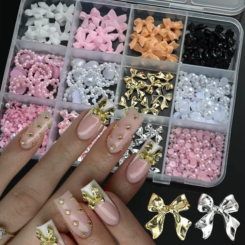 12 grilles 3D ruban multicolore fleur Nail Art breloques simulés pétales amour