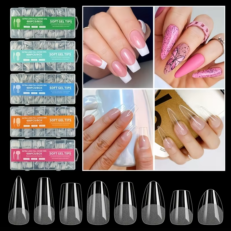 240 et 600 autocollants pour ongles ovales/balète/amande/carrés mats transparents