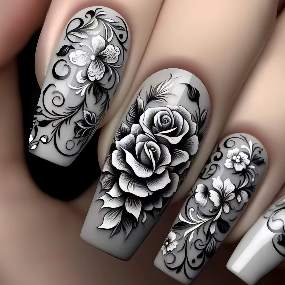 Fleur violette presse sur ongles 24 pièces amande/café portable faux