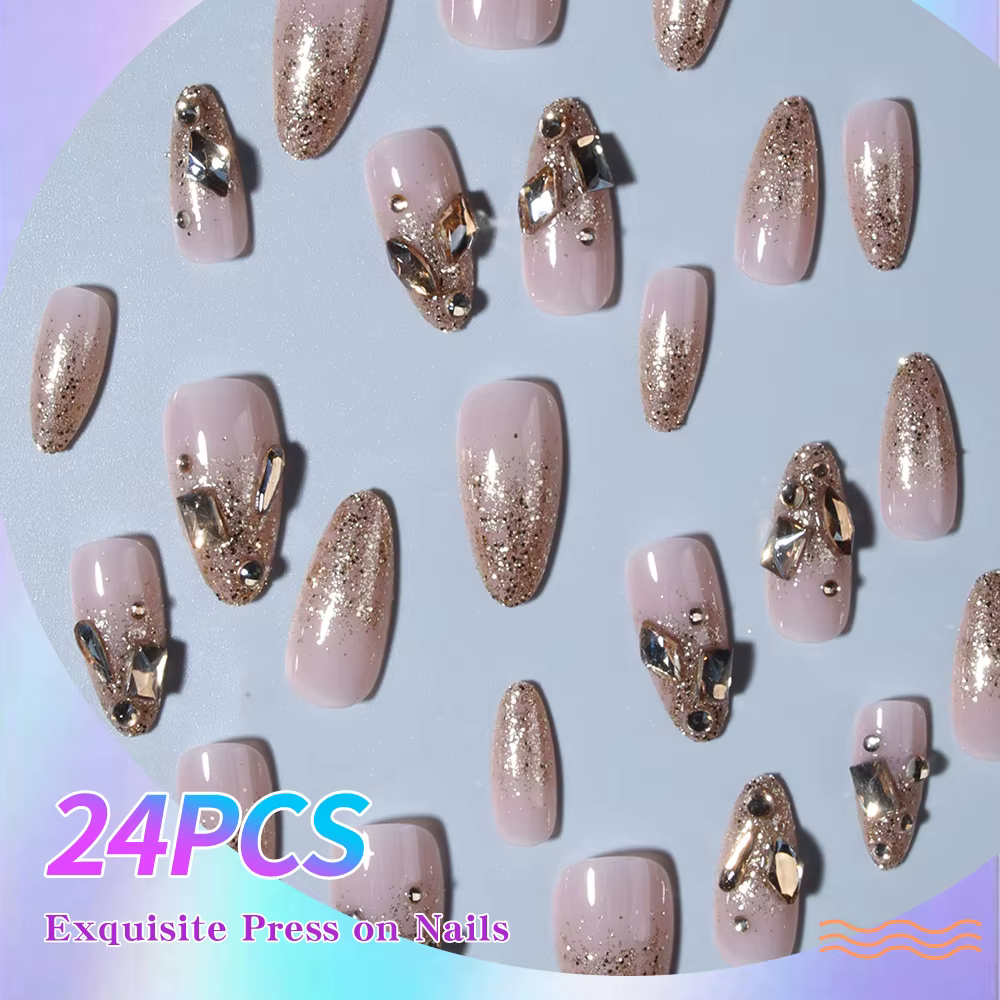 24 pièces d'ongles longs en forme d'amande avec lumière scintillante : design français