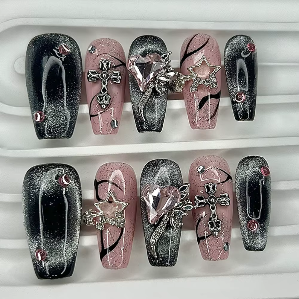 Ongles artificiels scintillants rose diamant