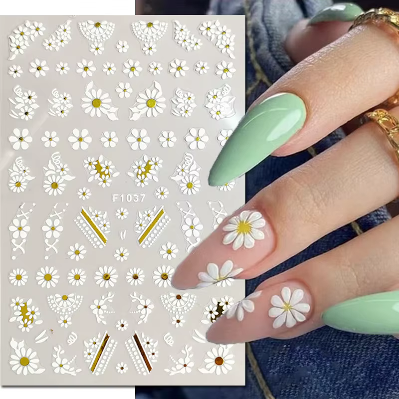 3d Nail Art lignes dorées feuilles d'or fleurs blanches adhésif curseurs ongles autocollants accessoires pour décorations conseils beauté