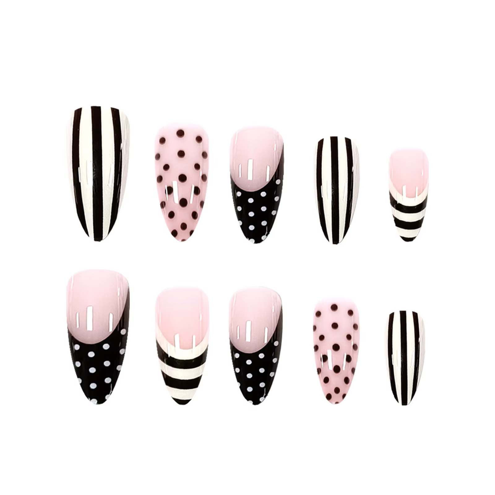 24 faux ongles français INS avec motif à pois noirs et rayures jaunes