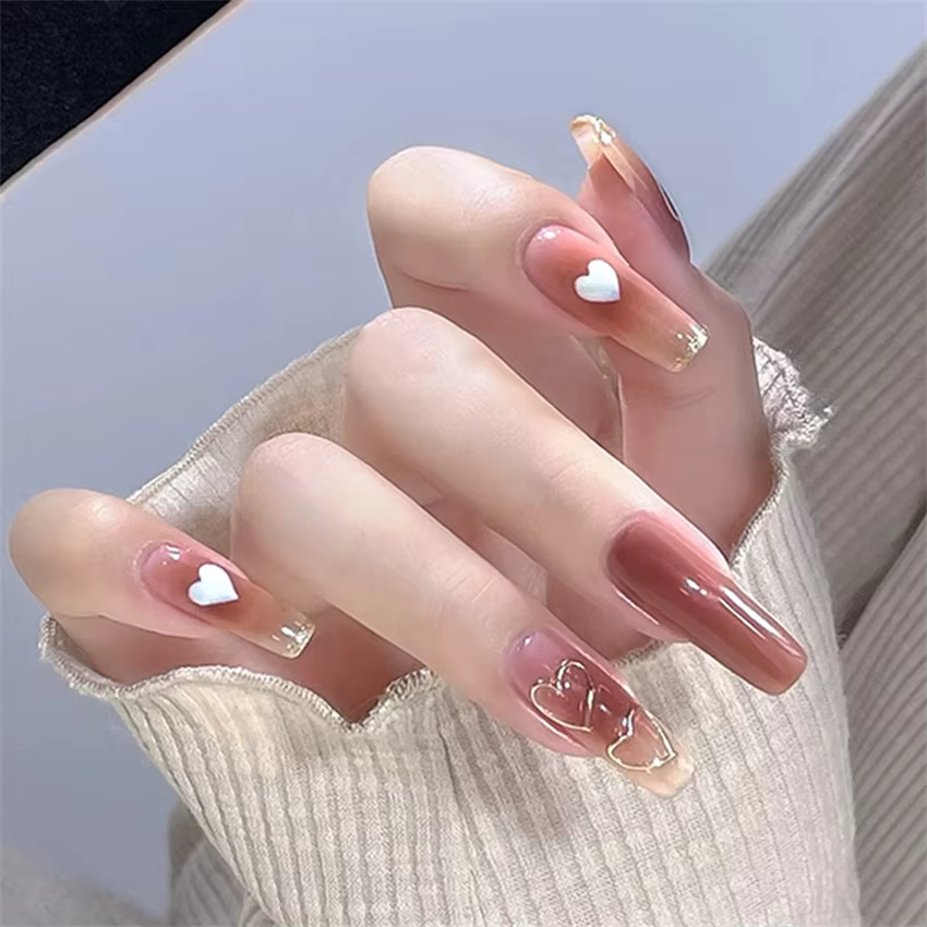 24 pièces/ensemble français court carré acrylique portant des faux ongles couverture complète adhésif