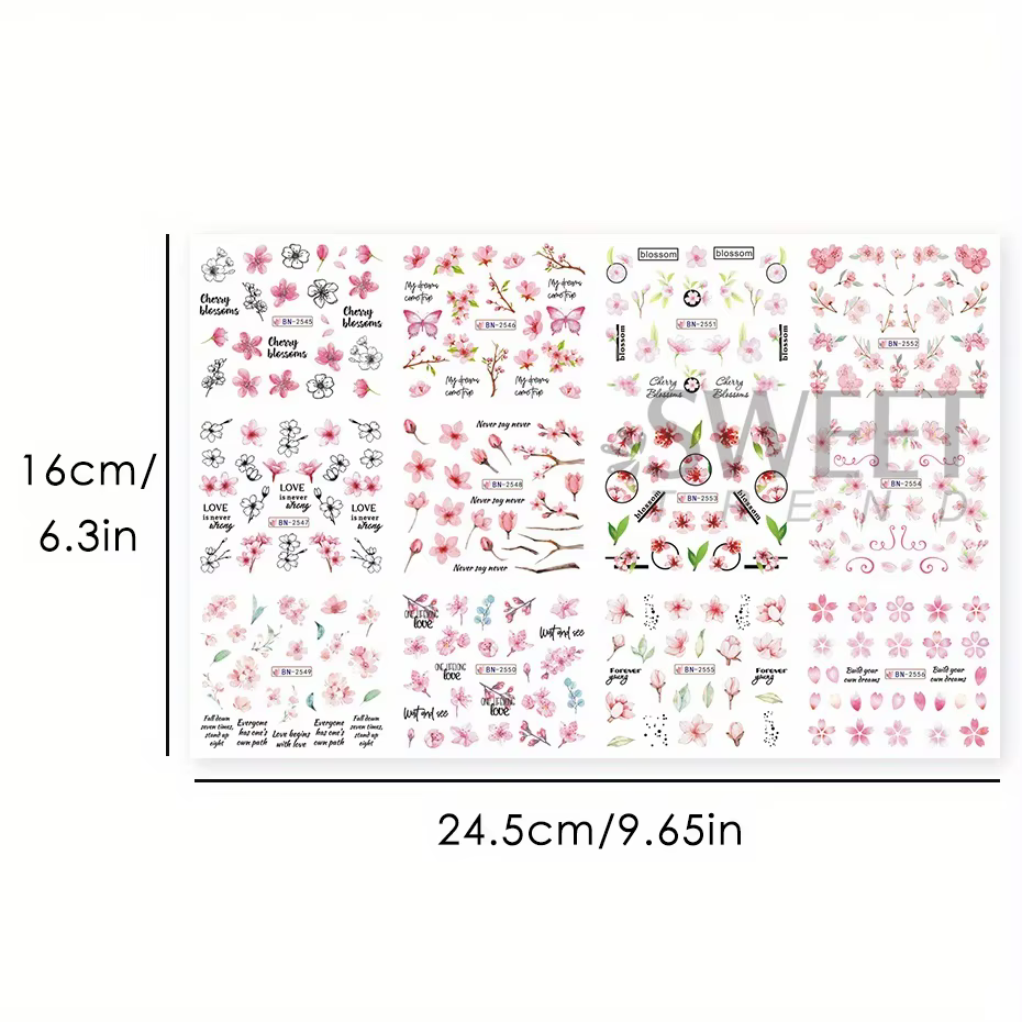 12 pièces rose fleur de cerisier eau curseurs d'ongles hiver nouvel an Sakura feuilles florales autocollants bricolage charme accessoires manucure décor