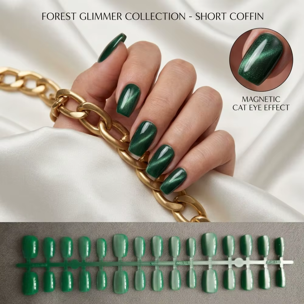 24 faux ongles premium vert émeraude effet œil de chat