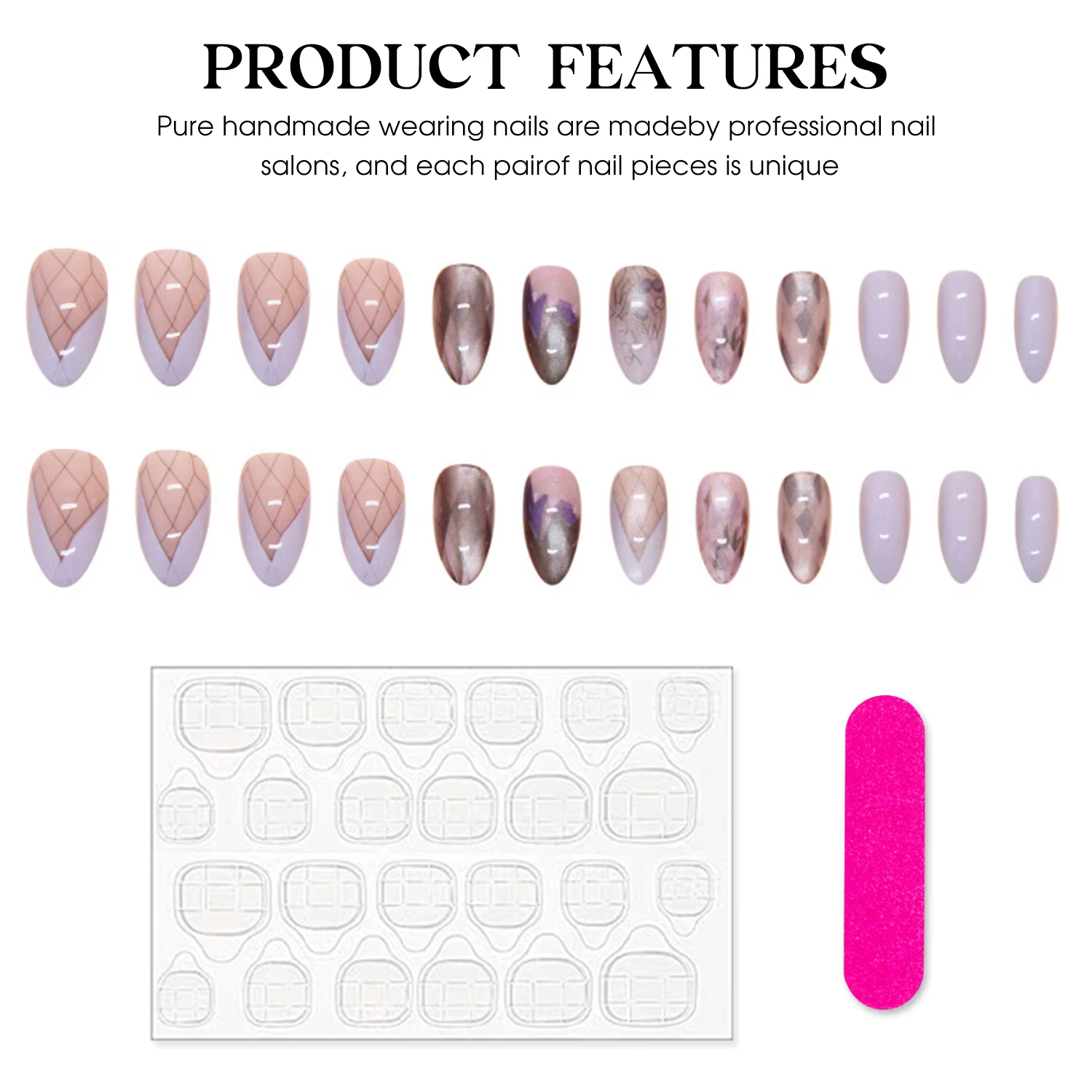Faux ongles violet N64.avec grille imprimée
