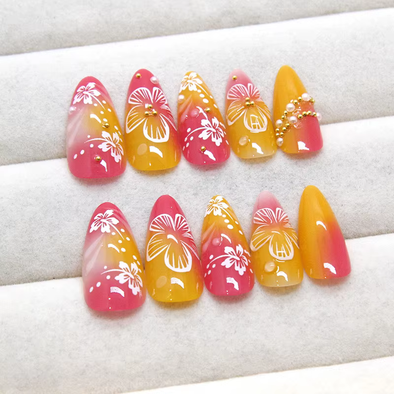 24 pièces or rose fleur presse sur ongles brillant amande automne portable faux
