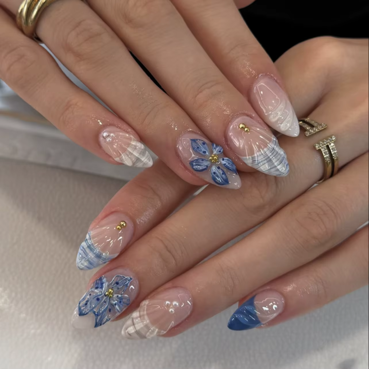 24 pièces fleur rose amande presse sur ongles Kawaii faux