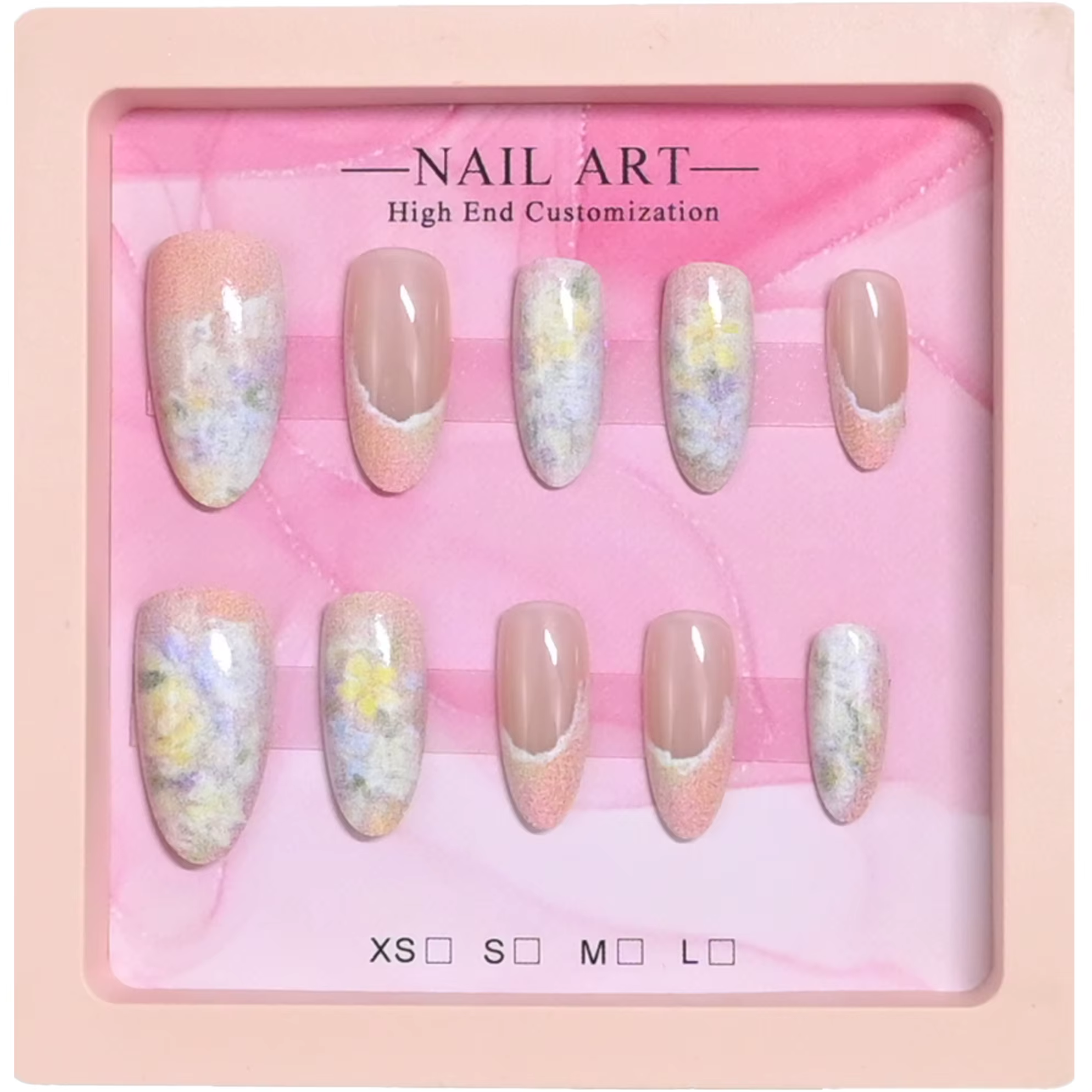 10 ongles d'amande faits à la main dans un coffret cadeau rose. Base nude avec pointes françaises et imprimé floral