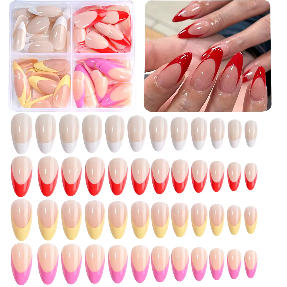 96 pièces/boîte mixte moyen amande français faux ongles blanc/rouge/rose/jaune