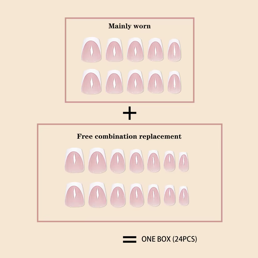 Tendance de la mode femmes filles 24 pièces/ensemble court Ballet rose français blanc bordure couverture complète portable faux ongles presse sur Nail Art