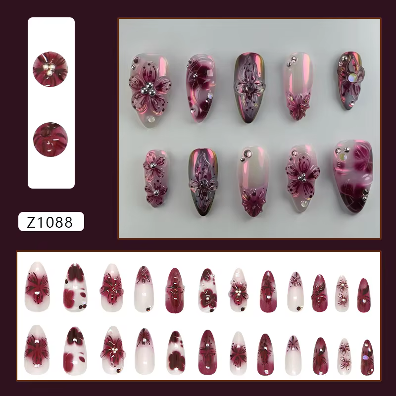 24 pièces fleur impression presse sur ongles vin rouge Blush amande faux