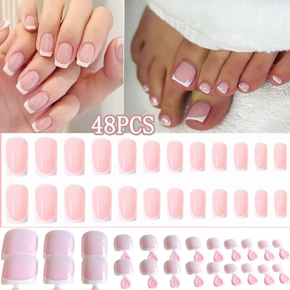 48 pièces/ensemble Faux ongles à presser roses nude et blancs