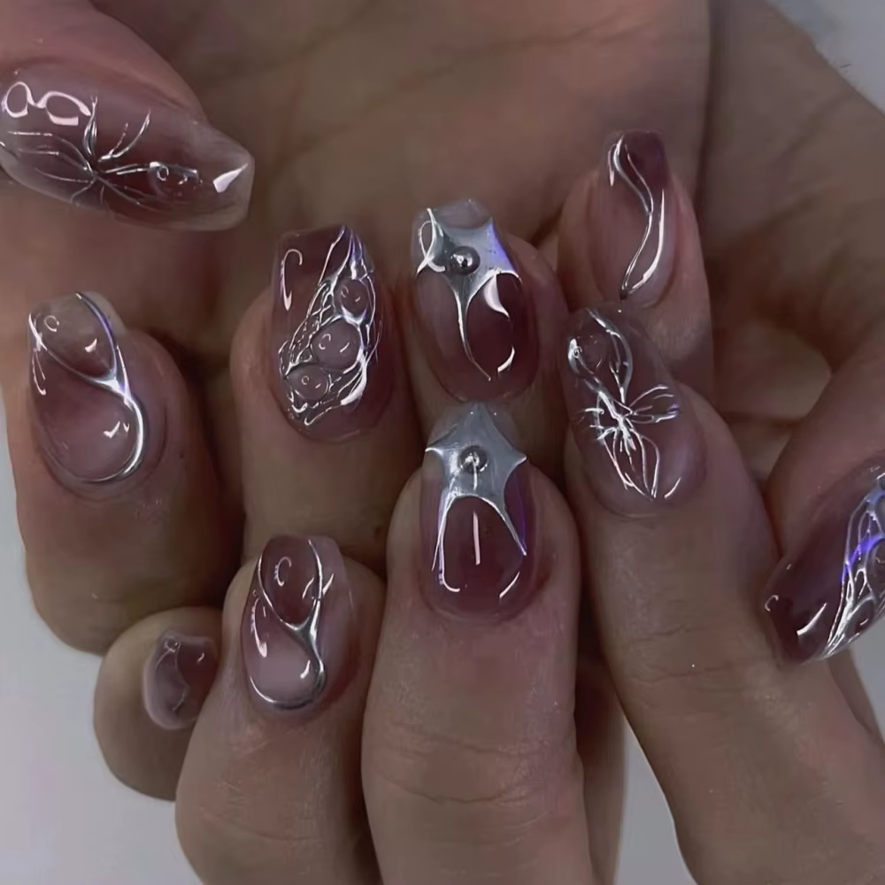 24 faux ongles à presser roses brillants en forme d'amande courte