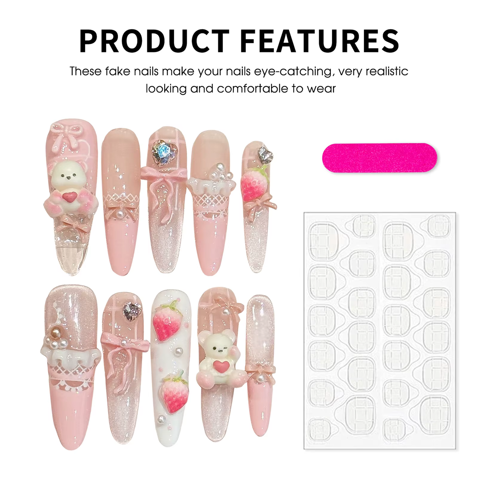 Faux ongles rose rêveur avec motif ours fraise 3D