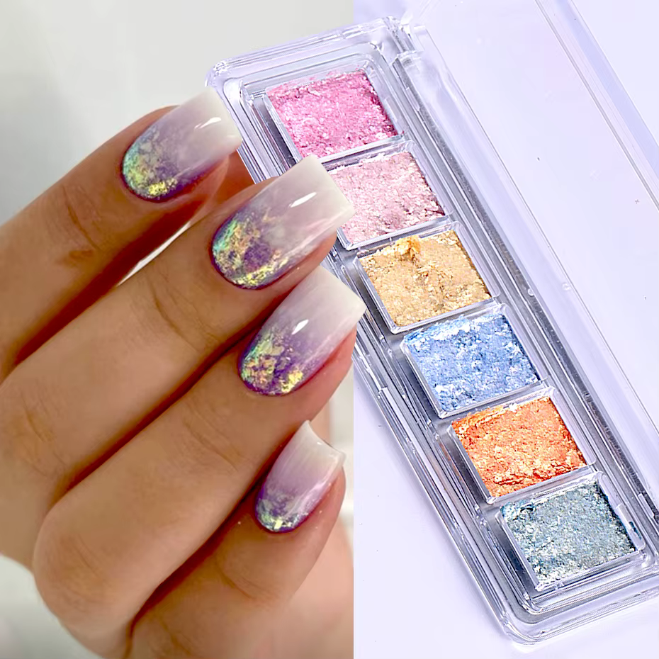 6 grilles brillant Bling boue solide ongles Pigment cristal aurore opale frottant la poussière Chrome