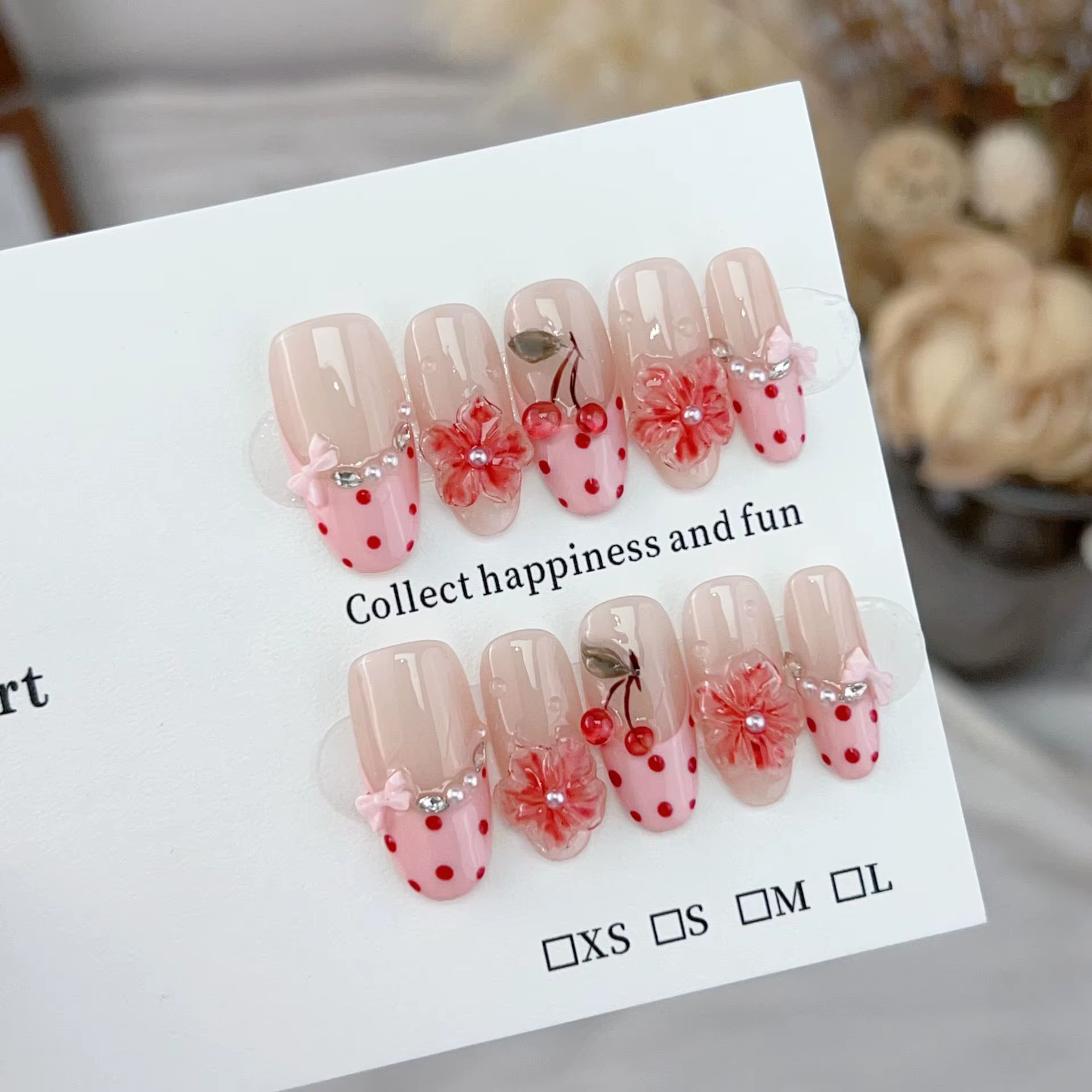 10 faux ongles faits main rose cerisier