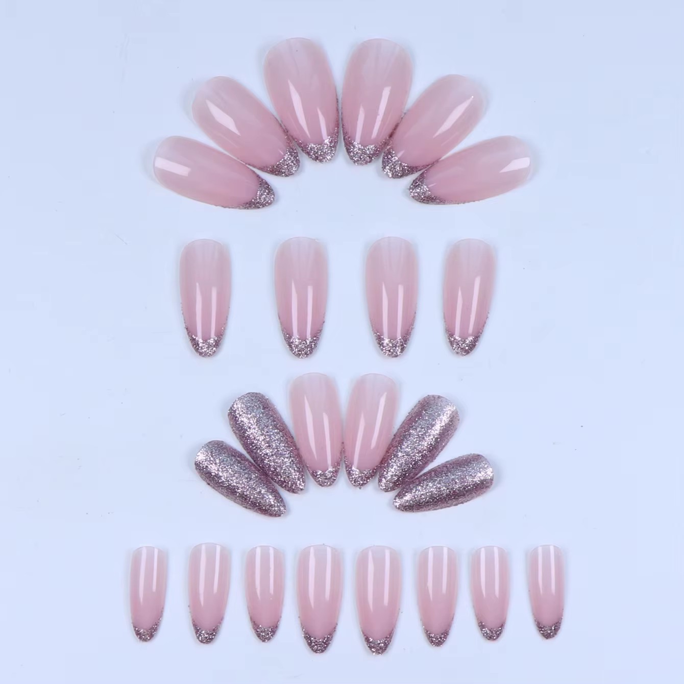 24 pièces rose paillettes français press-on ongles courts amande faux
