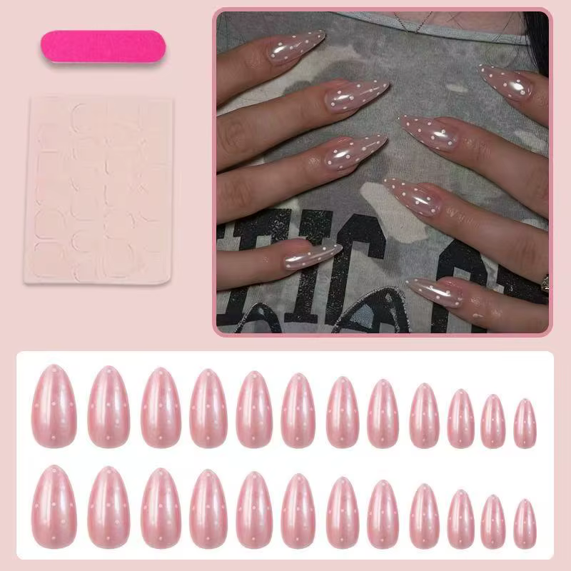 24 faux ongles brillants blancs à pois, base transparente en gel, minimalistes, à presser, faits à la main, simples et élégants