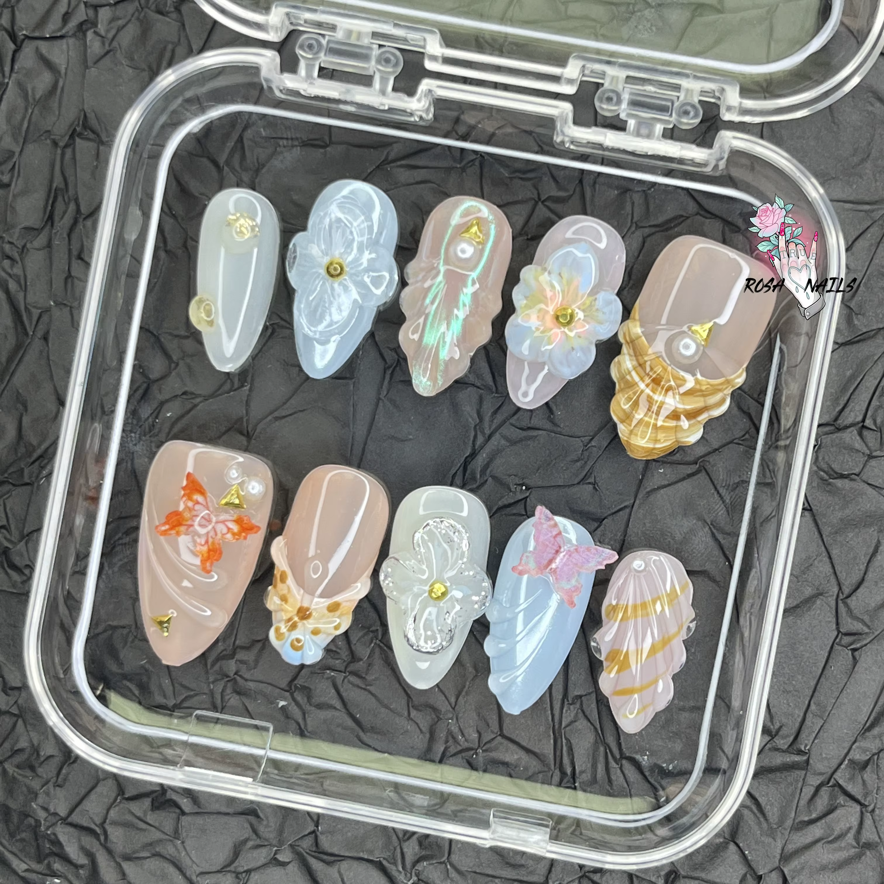 Tendance 3D Shell Nail Art été longue plage vacances ongles amande pointe française papillon 3d printemps fleur à la