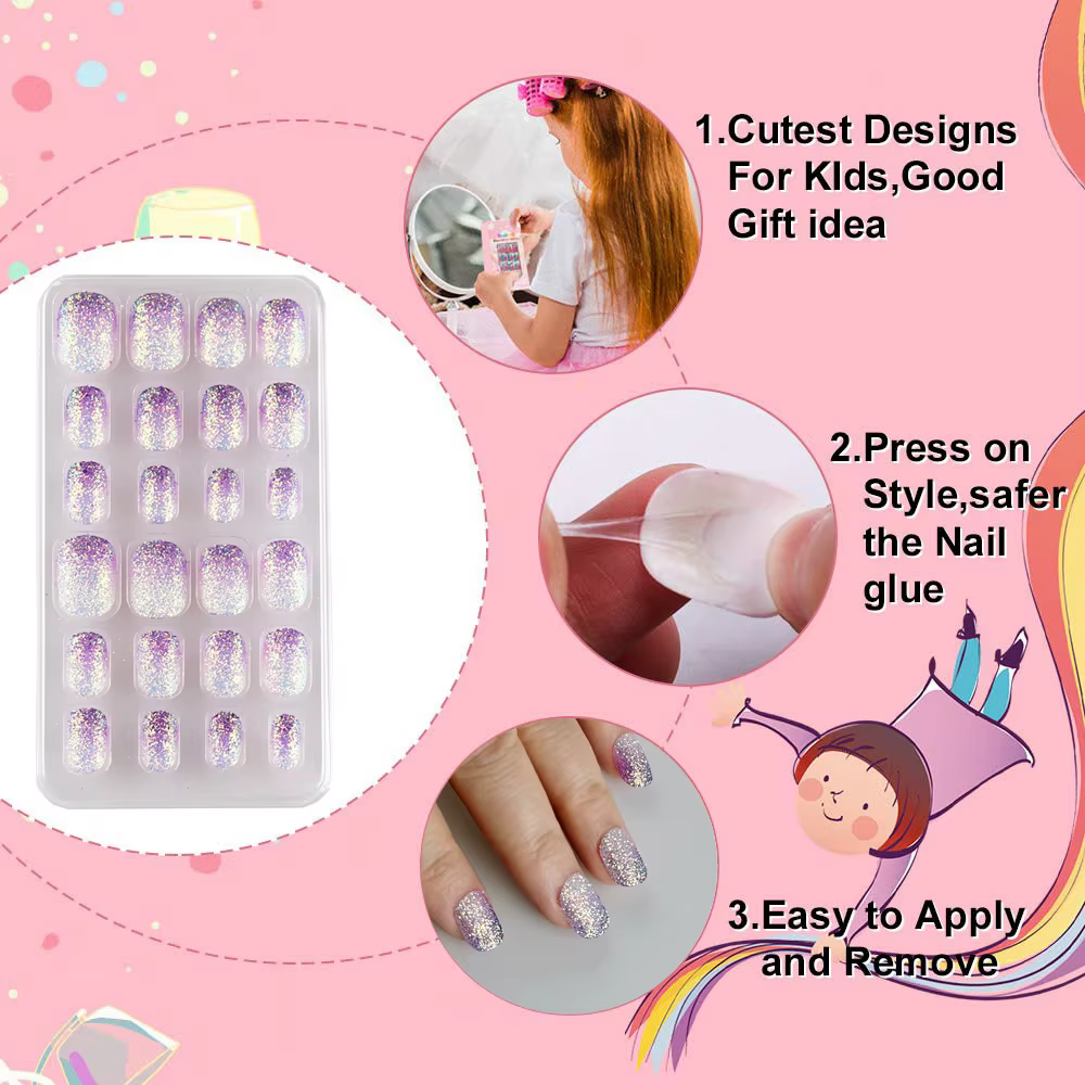 24 pièces violet paillettes enfants presse sur ongles pré-colle